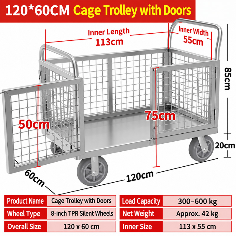 Carro tipo jaula de doble puerta de 120 x 60 cm con ruedas silenciosas de TPR de 6 pulgadas
