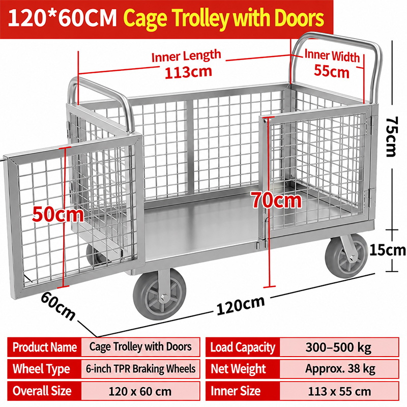 Carro tipo jaula de doble puerta de 120 x 60 cm con ruedas silenciosas de TPR de 6 pulgadas