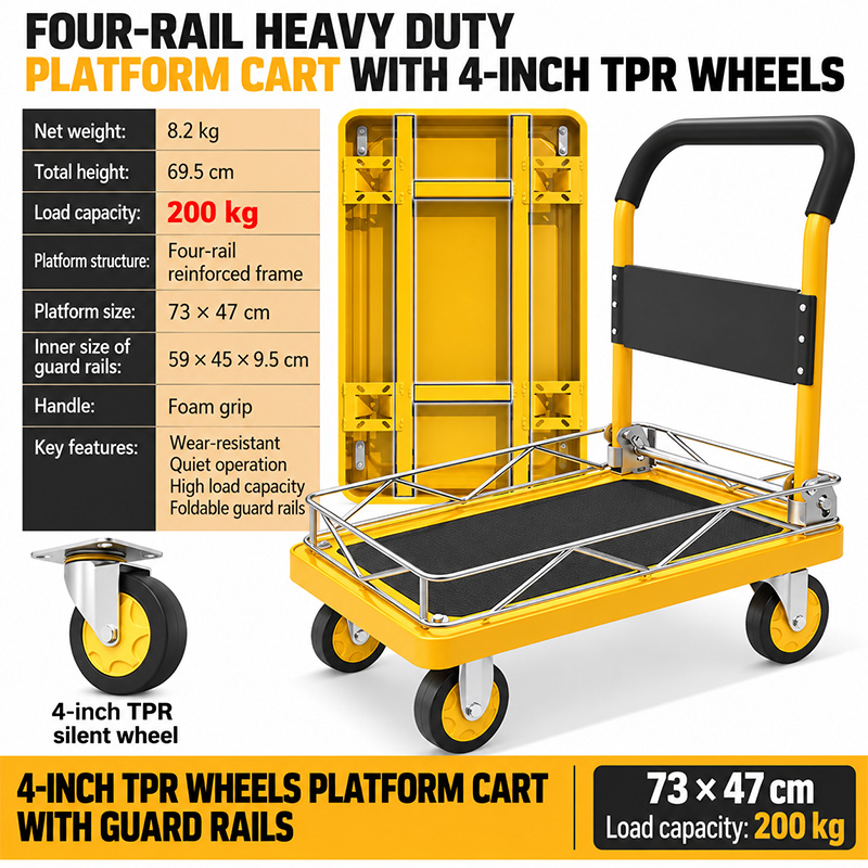 Camión con plataforma con ruedas TPR de cuatro vigas y rieles laterales