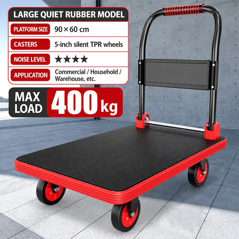 Carro de plataforma rojo reforzado con estructura de acero