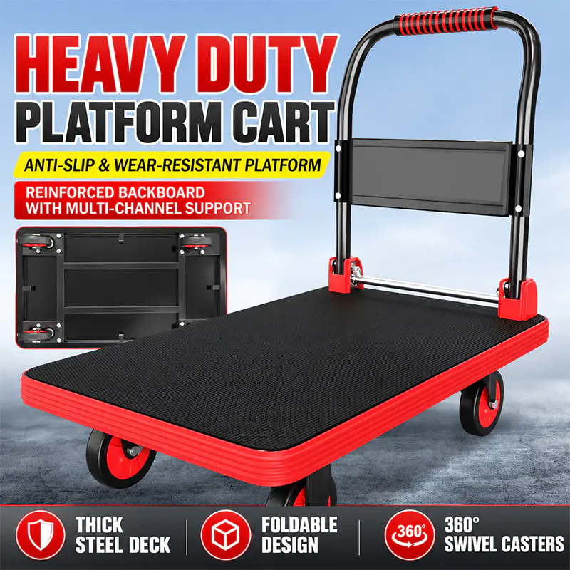 Carro de plataforma rojo reforzado con estructura de acero